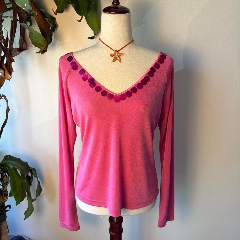 Together Vintage 90s Hot Pink Sequin Slinky Long Sleeve Top Small
